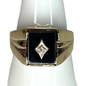 Antique Romany Black ONYX & DIAMOND RING 10k Gold Men's Size 10.25